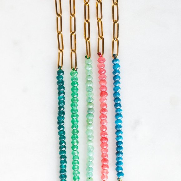 Half Blue Apatite Beaded Gemstone Bracelet Half Gold Paperclip Chain WATERPROOF - Picture 8 of 8